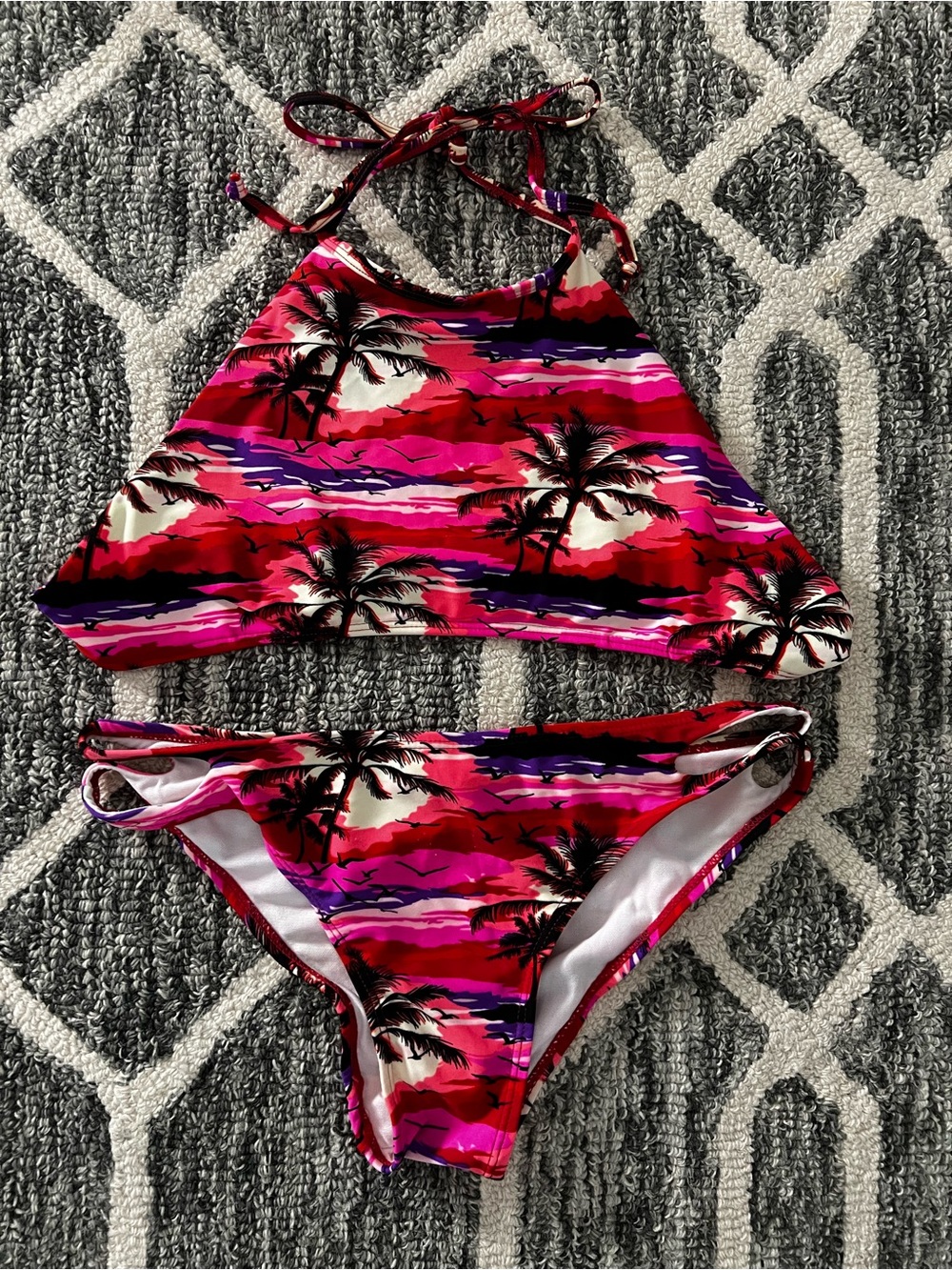 High Neck Tropical Palm Two-Piece Bikini - Pink & Purple Sunset